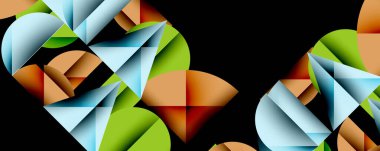 Soyut geometrik şekiller kalpleri oluşturur. Renkler arasında yeşil, mavi, turuncu, kırmızı yer alıyor. Tasarım aşk, bağlantı, modern sanat öneriyor..