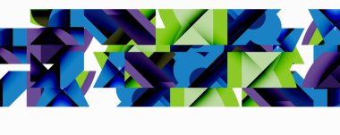 Soyut geometrik şekiller, canlı maviler, yeşiller, morlar. Modern tasarım, dinamik kompozisyon, temiz çizgiler, dijital sanat.