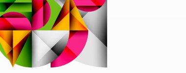 Soyut geometrik şekiller örtüşür, canlı renkli kompozisyon oluşturur. Modern tasarım katmanlı üçgenler, daireler, kareler.