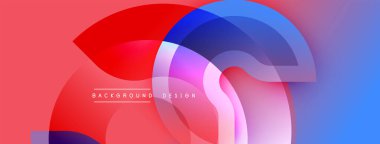 Soyut gradyan şekiller çakışıyor, dinamik görsel etki yaratıyor. Kırmızı, mavi, mor renkler düzgün bir şekilde harmanlanır. Modern tasarım ögesi.
