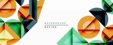 Soyut geometrik şekiller örtüşür, dinamik bileşim yaratır. Turuncu, yeşil, donanma renkleri tasarımda baskın. Minimalist stil modern arkaplanlara, sunumlara uyuyor.