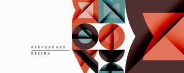 Soyut geometrik bileşim. Şekiller çakışıyor, dinamik görsel etki yaratıyor. Renkler kırmızı, kahverengi, deniz mavisi, beyaz. Arka planlar için modern tasarım ögesi.