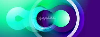 Soyut enerjik tasarım. Dairesel şekiller örtüşüyor, dinamik eğimler yaratıyor. Mor, yeşil renkler kompozisyona hakim. Modern estetik.