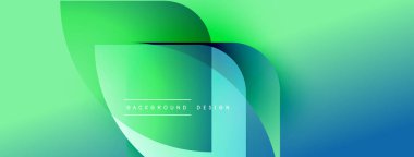 Soyut gradyan şekiller çakışıyor, dinamik görsel etki yaratıyor. Yeşil, mavi renkler kompozisyona hakim. Modern tasarım ögesi.