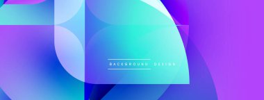 Soyut geometrik şekiller canlı mor, mavi renkleri harmanlarlar. Modern tasarım dinamik görsel deneyim yaratır. Yumuşak eğimler derinlik sunar.
