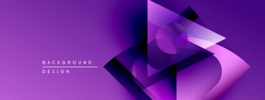 Soyut mor tasarım üst üste binen geometrik şekiller içerir. Gradyan derinlik yaratır, modern estetik. Minimalist kompozisyon, canlı renkler.