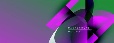 Soyut tasarım canlı mor, yeşil renkler içerir. Üst üste binen şekiller dinamik görsel efekt yaratır. Metin arkaplan tasarımı okur.