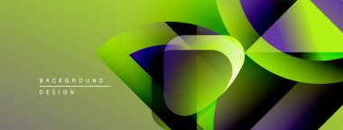 Soyut geometrik şekiller örtüşüyor, canlı yeşil, mor renkler yaratıyor. Arkaplan ve sunumlar için modern tasarım ögesi.