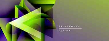 Soyut geometrik şekiller, canlı yeşil, mor renkler. Gradyan arkaplana sahip modern tasarım, afişler veya sunumlar için uygun.