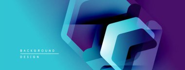 Soyut geometrik şekiller örtüşür, parlak mavi ve mor renkler yaratır. Modern tasarım teknoloji, yenilik, derinlik öneriyor.