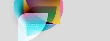 Soyut renkli şekiller örtüşüyor ve dinamik bir zemin oluşturuyor. Metin arka plan tasarımını merkezde okur. Minimalist stil, açık gri taban.