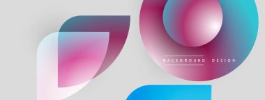 Soyut şekiller örtüşüyor, canlı renk değişimleri yaratıyor. Yumuşak pembeler, maviler nötr gri zemin üzerinde hakimdir. Modern tasarım elemanları.