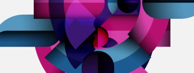 Soyut geometrik şekiller örtüşür, canlı renk zıtlıkları yaratır. Pembe, mor, mavi renkler kompozisyona hakim. Modern tasarım.