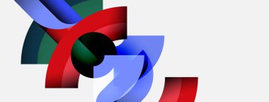 Soyut şekiller örtüşür, dinamik bileşim yaratır. Kırmızı, mavi, yeşil renkler beyaz arkaplana hükmediyor. Modern tasarım elemanları.