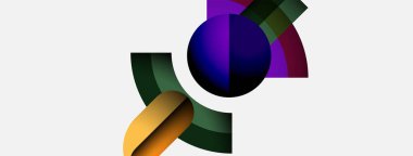 Soyut şekiller, canlı renkler, mor küre kompozisyona hakim. Yeşil, altın, morumsu kavisler dinamik görsel efekt yaratır. Modern tasarım.