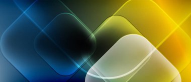 Üst üste binen kareler içeren soyut kompozisyon. Renkler maviden sarıya geçerek parlak bir etki yaratıyor. Modern tasarım, gösterişli sunum.