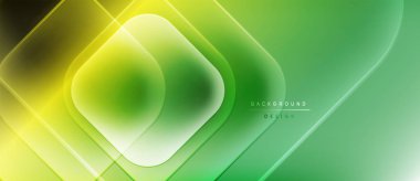 Soyut geometrik desen. Üst üste binen kareler, kıvrımlar parlak yeşil, sarı gradyanlar oluşturur. Modern tasarım, pürüzsüz geçiş.