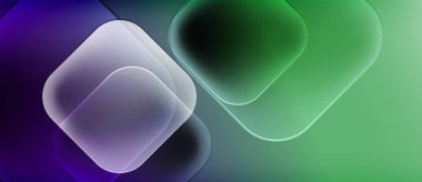 Soyut şekiller örtüşüyor, canlı mor, yeşil gradyanlar yaratıyor. Yumuşak ışıklandırma dijital sunum ve modern tasarım estetiğini öneriyor.