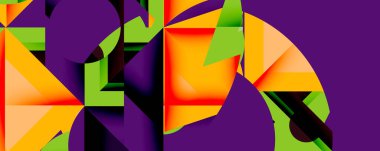 Soyut geometrik şekiller, canlı renkler, mor arkaplan. Açısal biçimler dinamik bileşim, modern tasarım estetik.