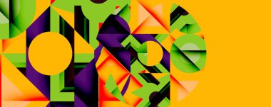 Soyut geometrik bileşim. Canlı renkler, keskin açılar, üst üste binen şekiller dinamik görsel deneyimler yaratır. Modern tasarım.