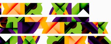 Soyut geometrik şekiller metni oluşturur. Parlak renkler kompozisyona hakim, dinamik görsel efekt yaratır. Modern tasarım.