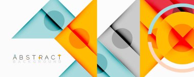 Geometrik şekiller örtüşüyor ve canlı modern tasarım yaratıyor. Renkler turuncu, gri, mavi, kırmızı. Minimalist estetik.