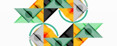 Soyut geometrik tasarım. Üçgenler, daireler simetrik desenler oluşturarak kesişiyor. Renkler arasında yeşil, turuncu, gri, siyah yer alıyor. Minimalist stil.