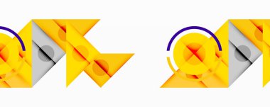 Soyut geometrik şekiller, sarı, gri, mor. Çemberler üçgenlerle örtüşüyor ve dinamik görsel desen oluşturuyor. Minimalist tasarım, temiz çizgiler.