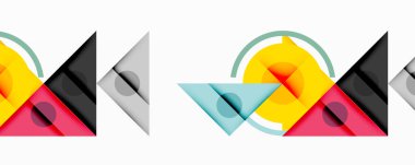 Soyut geometrik bileşim. Şekiller örtüşüyor, dinamik görsel ritim yaratıyor. Renkler sarı, kırmızı, gri, pembe, deniz mavisi. Minimalist tasarım.