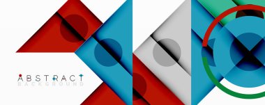 Geometrik şekiller örtüşür, canlı ve soyut bir tasarım yaratır. Kırmızı, mavi, gri renkler kompozisyona hakim. Modern estetik.