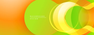 Soyut enerjik tasarım. Üst üste binen katmanlar dinamik görsel efekt yaratır. Turuncu, sarı, yeşil renkler kompozisyona hakim. Modern estetik.