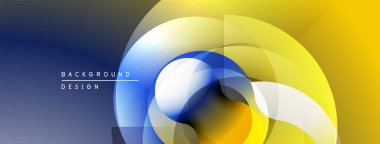 Soyut tasarım özellikleri üst üste binen şeffaf daireler. Sarı, mavi, beyaz gradyanlar dinamik görsel efekt yaratır. Modern arkaplan dokusu.