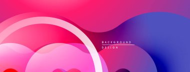 Soyut gradyanlar pembe, mor ve mavi renkleri harmanlarlar. Üst üste binen şekiller dinamik görsel doku yaratır. Minimalist tasarım metin ögeleri içerir.