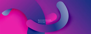 Soyut sıvı şekilleri örtüşür, canlı mor, pembe ve mavi renkler yaratır. Modern tasarım hareket, enerji, derinlik öneriyor.