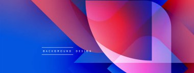 Soyut geometrik şekiller örtüşüyor, canlı renk eğimleri yaratıyor. Mavi, pembe, mor renkler tasarımda baskın. Modern estetik.