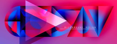 Soyut geometrik şekiller örtüşür, canlı pembeler, maviler, morlar yaratır. Modern tasarım elementleri dinamik enerji, görsel ilgi.