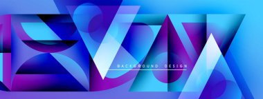 Soyut geometrik şekiller örtüşür, parlak mavi ve mor renkler yaratır. Arkaplan, pankart ve sunumlar için modern tasarım ögesi.