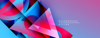 Soyut geometrik şekiller örtüşüyor, canlı renk eğimleri yaratıyor. Mor arka plan, mavi ve pembe renkleri tamamlar. Modern tasarım ögesi.