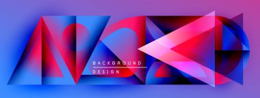 Soyut geometrik şekiller, canlı renkler, gradyanlar modern arkaplan oluşturur. Tasarım özellikleri üçgenler, çizgiler, metin ögeleri.
