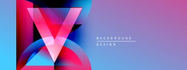 Soyut canlı tasarım, üst üste binen şekiller, gradyanlar. Mavi, pembe, mor renkler modern görsel etki yaratır. Metin arkaplan tasarımı okur.