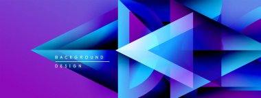 Soyut geometrik şekiller canlı mor, mavi gradyanlar yaratır. Modern tasarım teknoloji, yenilik, dinamik hareket öneriyor.