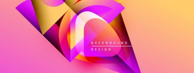 Canlı soyut tasarım. Pembe, mor, turuncu renk karışımı. Modern geometrik şekiller dinamik görsel etki yaratır. Arkaplanda metin ögeleri.