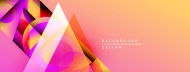 Soyut geometrik şekiller örtüşür, canlı bir gradyan arkaplan oluşturur. Sıcak renkler egemen, modern tasarım estetiğini gösteriyor.