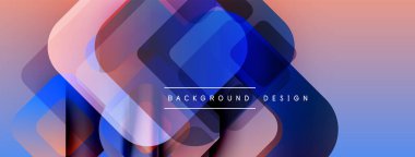 Soyut geometrik şekiller örtüşür, canlı bir gradyan arkaplan oluşturur. Pembe, mavi renkler kompozisyona hakim. Modern tasarım ögesi.