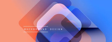 Soyut geometrik şekiller örtüşür, canlı bir gradyan arkaplan oluşturur. Şeftali, mavi renkler kompozisyona hakim. Modern tasarım ögesi.