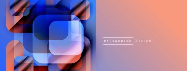 Soyut geometrik şekiller örtüşüyor, canlı mavi, kırmızı bir eğim yaratıyor. Sağ tarafta yumuşak şeftali ve lavanta renkleri var. Modern tasarım ögesi.