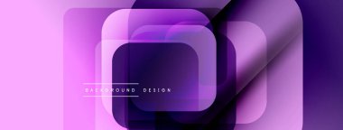 Soyut geometrik katmanlar canlı mor gradyan oluşturur. Üst üste binen kareler, dikdörtgenler modern tasarım elementini oluşturur. Minimalist stil.