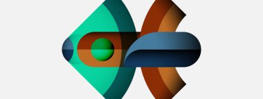 Soyut şekiller örtüşür, dinamik bileşim yaratır. Teal, kahverengi, mavi renkler temiz beyaz arkaplana hakim. Modern tasarım.