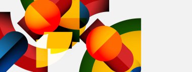 Renkli üst üste binen daireler, dikdörtgenler içeren soyut bir kompozisyon. Parlak renkler dinamik görsel deneyimler yaratır. Modern tasarım elemanları.