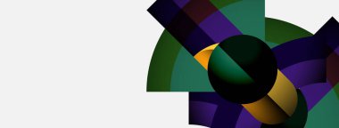 Soyut geometrik bileşim. Şekiller çakışıyor, dinamik görsel etki yaratıyor. Renkler arasında mor, yeşil, altın, siyah var. Minimalist tasarım.